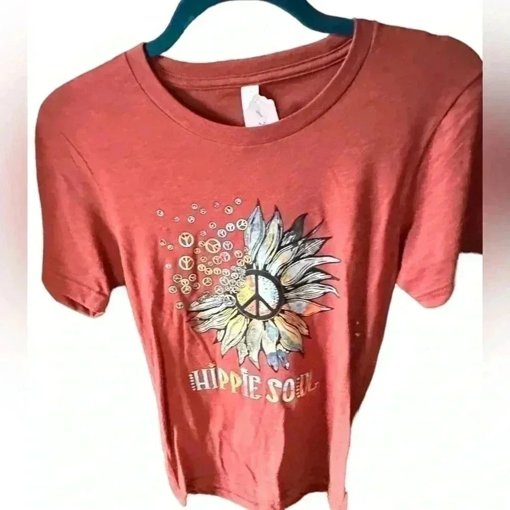 Bella Canvas XS rust‎ graphic T-shirt. Sunflower “Hippie Soul” peace sign screen